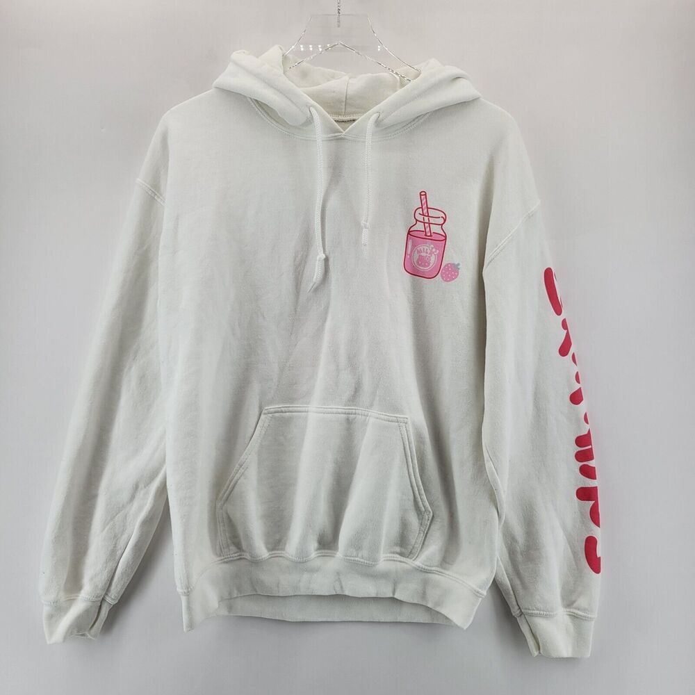 Sanrio Hello Kitty Hoodie Sweatshirt Medium White Pink Strawberry‎ Milk Pullover